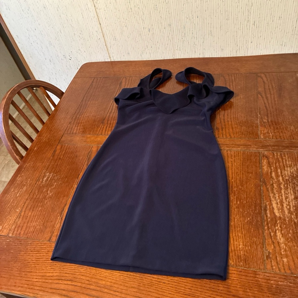 Guess Ruffle Mini Dress Women’s 8 Bodycon Stretch Navy Blue